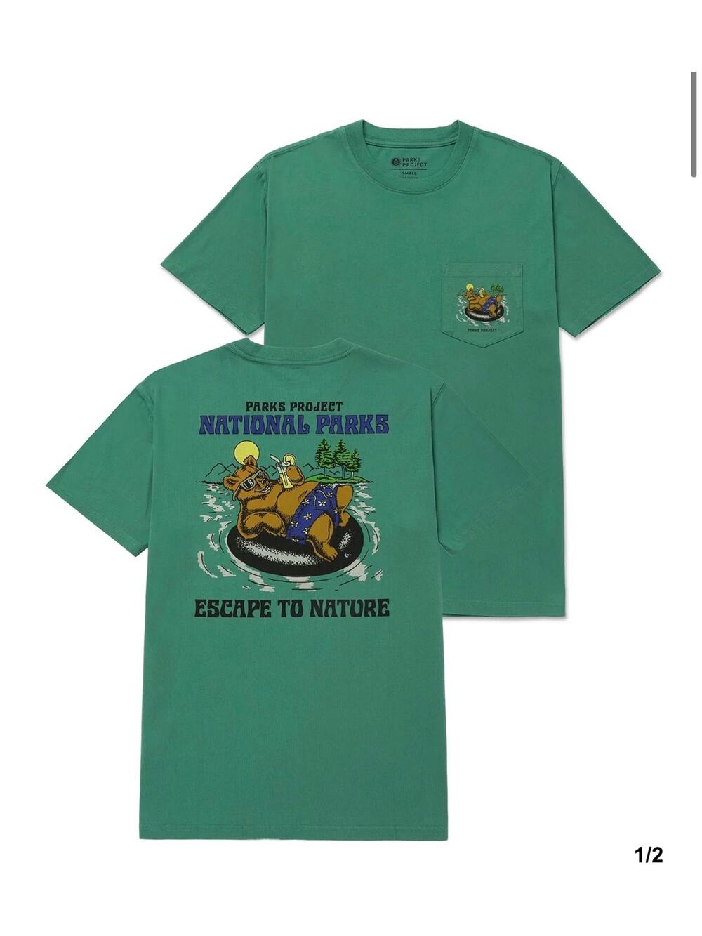 Parks Project Escape to Nature Bear Float Pocket Tee T-Shirt Sage Green Small